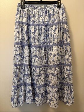 Garnet Hill Blue and White Floral Tiered Midi Skirt with Lace Bands